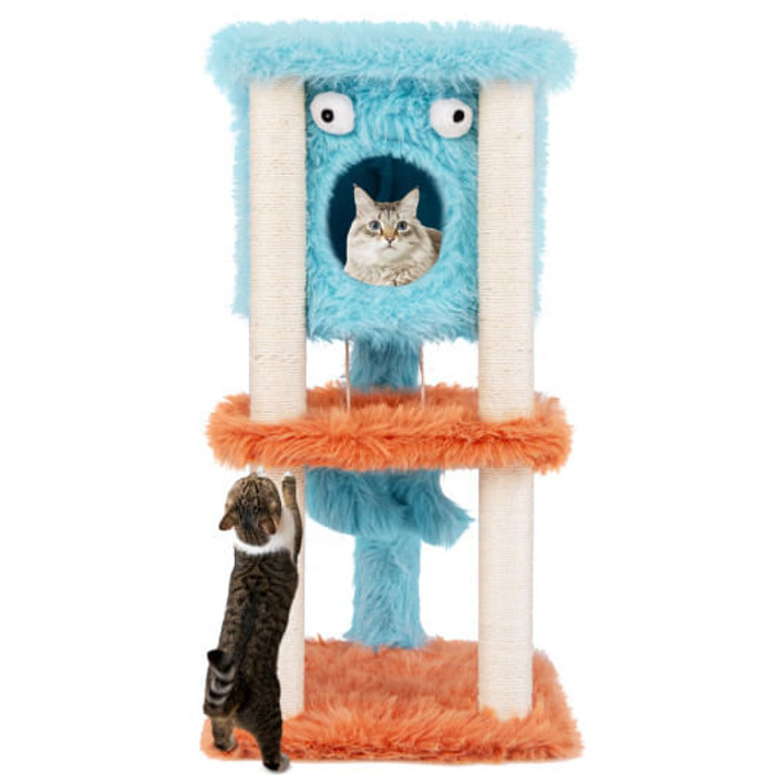 Cute Monster-Themed Cat Tower with Private Condo and Soft Long Plush-Blue B593-PV10188