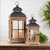 Set of Two Natural and Black Glass Wood and Metal Floor Lantern Candle Holders Set of Two Natural and Black Glass Wood and Metal Floor Lantern Candle Holders