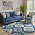 8' Navy Blue And Ivory Medallion Washable Round Rug With UV Protection