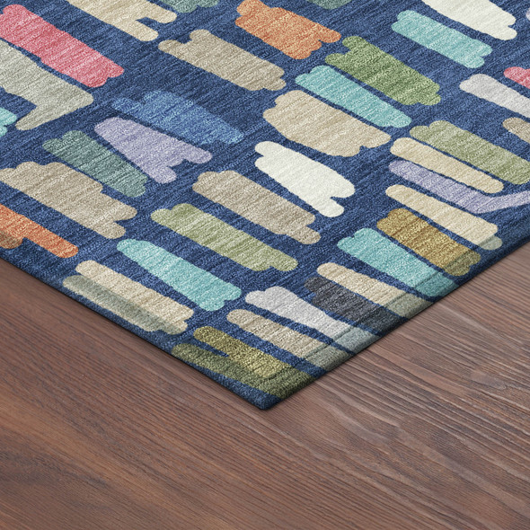 9' X 12' Navy Blue Orange And Green Striped Washable Indoor Outdoor Area Rug