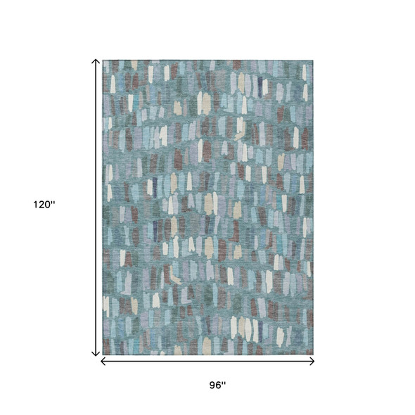 8' X 10' Teal Blue Taupe And Beige Striped Washable Indoor Outdoor Area Rug