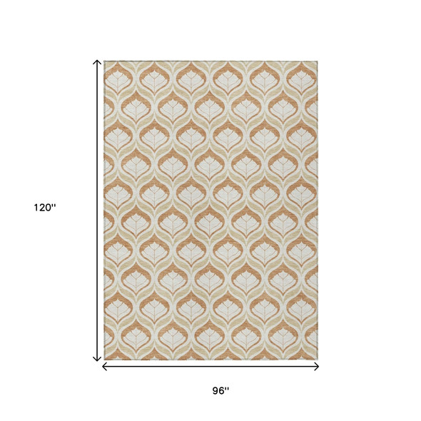 8' X 10' Copper And Beige Geometric Washable Indoor Outdoor Area Rug