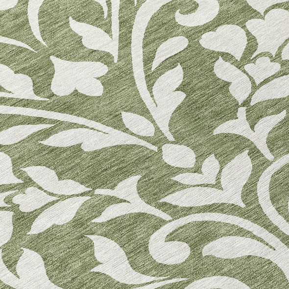 8' Fern Green And Ivory Round Floral Washable Indoor Outdoor Area Rug