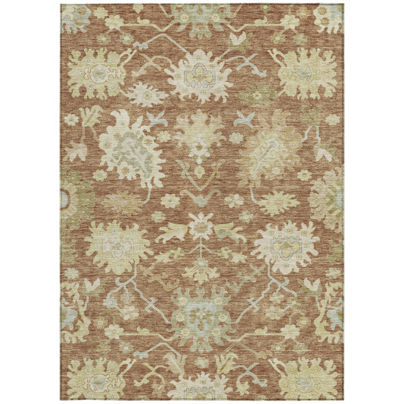 9' X 12' Copper Green And Ivory Floral Washable Indoor Outdoor Area Rug