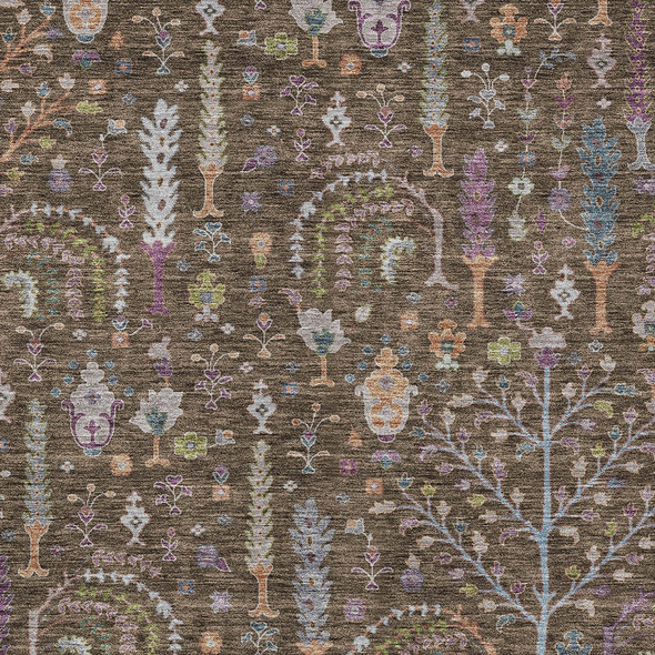 9' X 12' Brown Purple And Blue Floral Washable Indoor Outdoor Area Rug