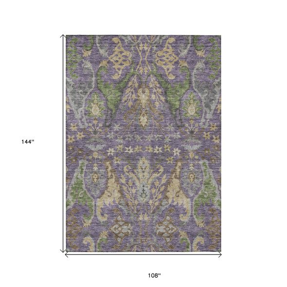 9' X 12' Purple Green And Brown Floral Washable Indoor Outdoor Area Rug