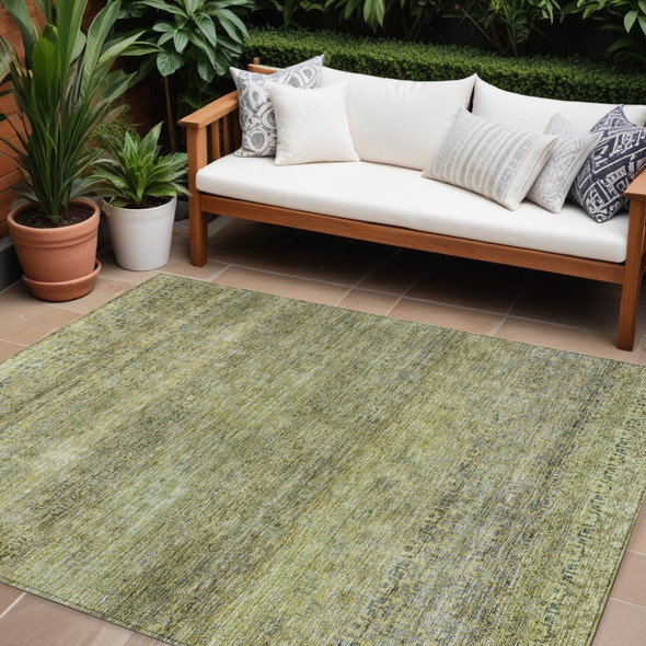 9' X 12' Artichoke Green Brown And Gray Striped Washable Indoor Outdoor Area Rug