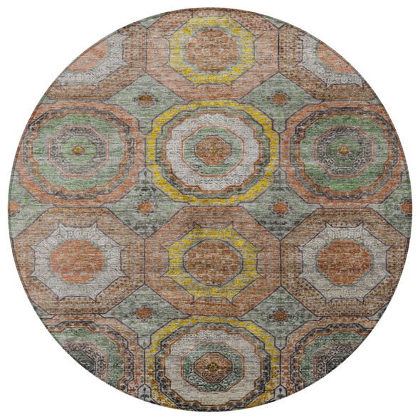 8' Sage Copper And Gold Round Geometric Washable Indoor Outdoor Area Rug