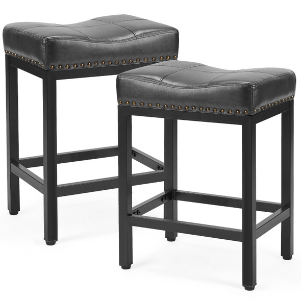 Set of Two 22" Black Faux Leather and Steel Backless Bar Chairs