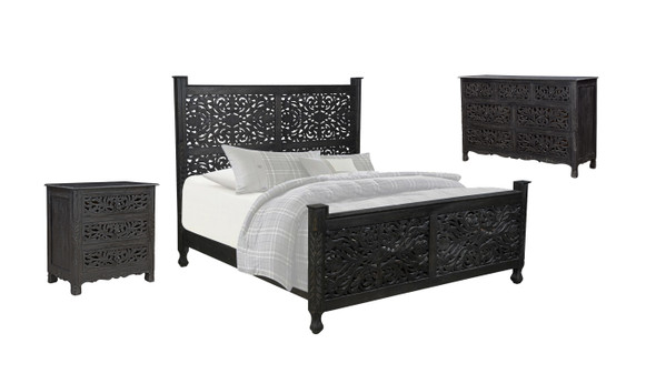 Three Piece Black Solid Wood Bedroom Set