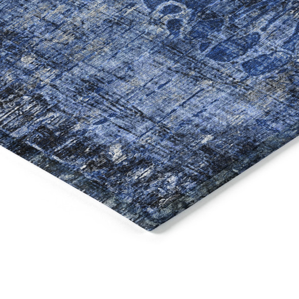 8' Navy Blue And Gray Round Floral Washable Indoor Outdoor Area Rug