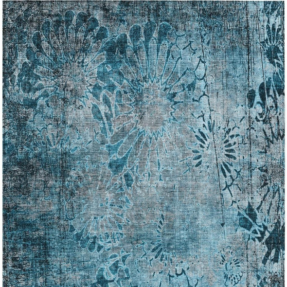 3' X 5' Teal Blue And Gray Floral Washable Indoor Outdoor Area Rug