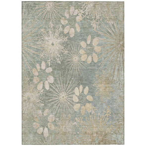 10' X 14' Artichoke Green And Beige Floral Washable Indoor Outdoor Area Rug
