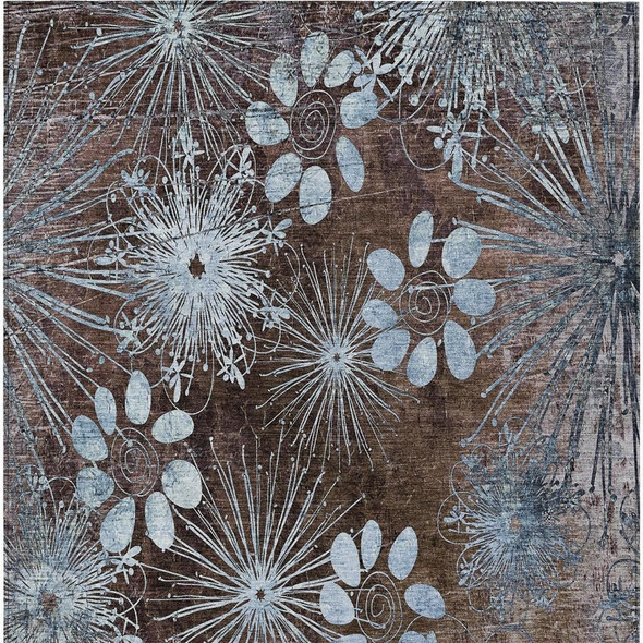 8' X 10' Brown And Sky Blue Floral Washable Indoor Outdoor Area Rug