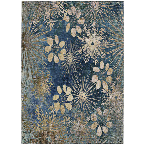 9' X 12' Navy Blue And Gold Floral Washable Indoor Outdoor Area Rug