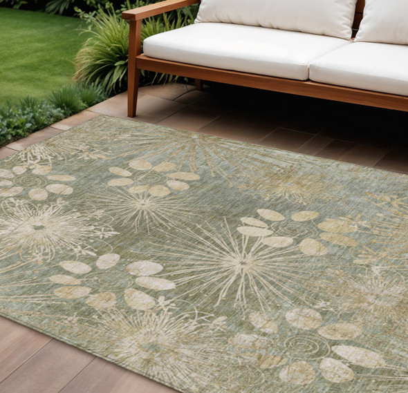 10' X 14' Sage And Beige Floral Washable Indoor Outdoor Area Rug
