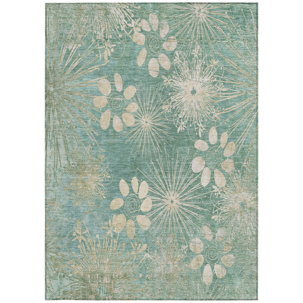 5' X 8' Teal Blue And Beige Floral Washable Indoor Outdoor Area Rug