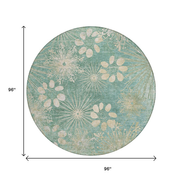 8' Teal Blue And Beige Round Floral Washable Indoor Outdoor Area Rug