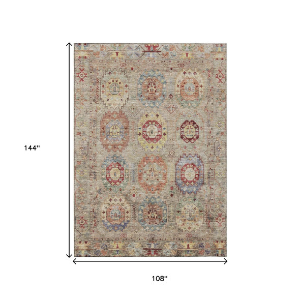 9' X 12' Beige Red And Blue Medallion Washable Indoor Outdoor Area Rug