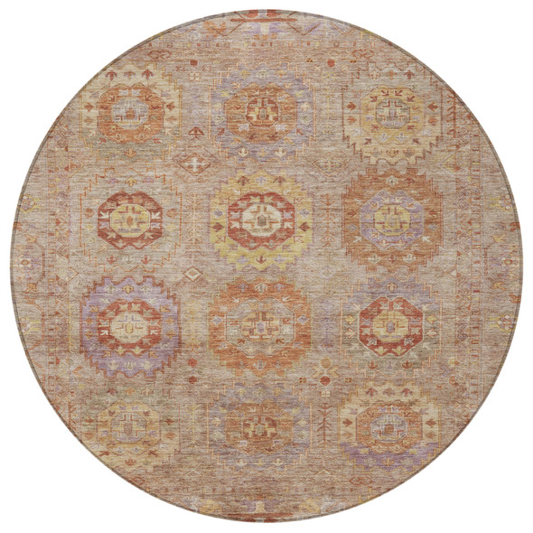 8' Khaki Gold And Burgundy Round Medallion Washable Indoor Outdoor Area Rug
