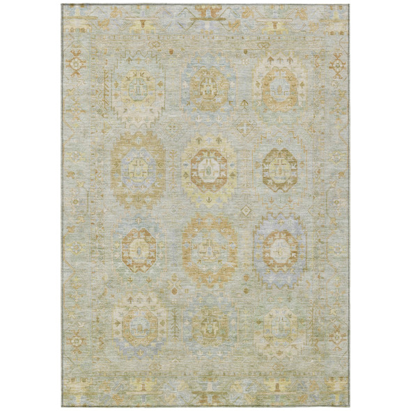 5' X 8' Sage Wheat And Artichoke Green Medallion Washable Indoor Outdoor Area Rug
