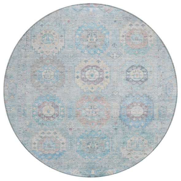 8' Sky Blue Beige And Blush Round Medallion Washable Indoor Outdoor Area Rug