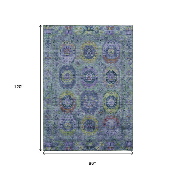8' X 10' Green Blue And Purple Medallion Washable Indoor Outdoor Area Rug