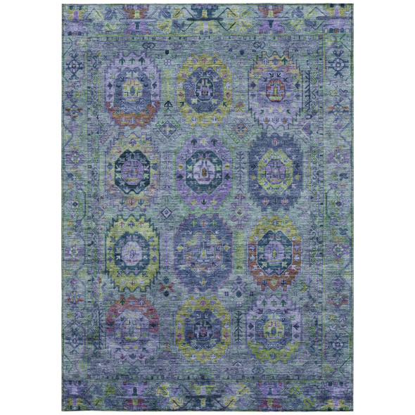 9' X 12' Green Blue And Purple Medallion Washable Indoor Outdoor Area Rug