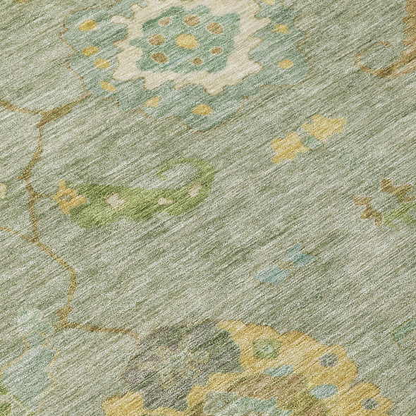 5' X 8' Sage And Gold Floral Medallion Washable Indoor Outdoor Area Rug