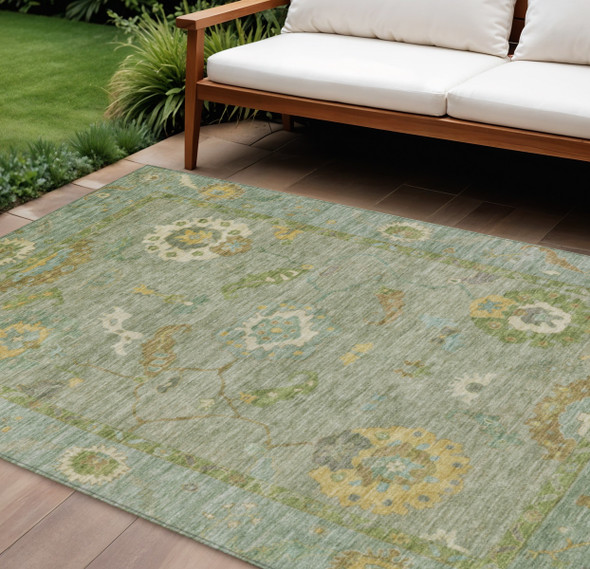10' X 14' Sage And Gold Floral Medallion Washable Indoor Outdoor Area Rug
