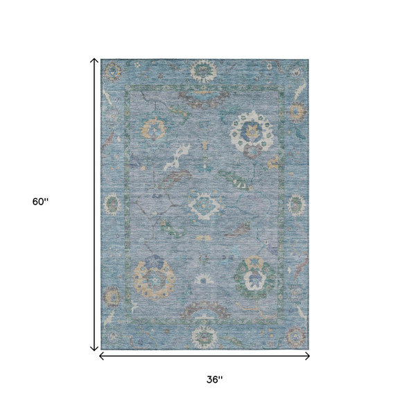 3' X 5' Sky Blue And Ivory Floral Medallion Washable Indoor Outdoor Area Rug