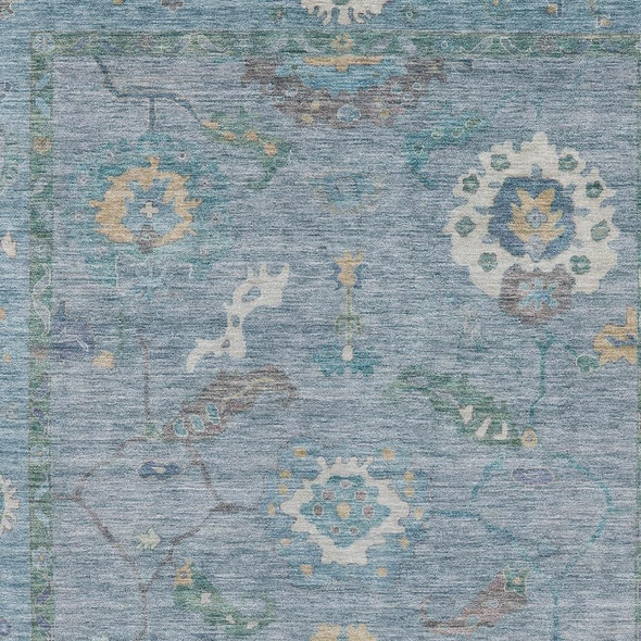 5' X 8' Sky Blue And Ivory Floral Medallion Washable Indoor Outdoor Area Rug