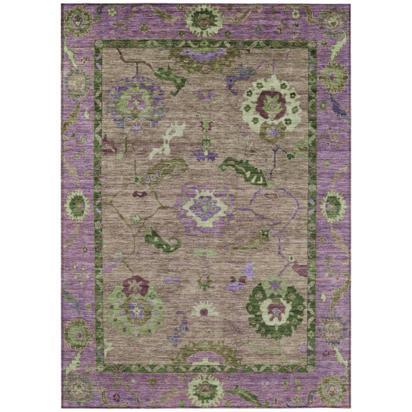 5' X 8' Brown Lavender And Ivory Floral Medallion Washable Indoor Outdoor Area Rug