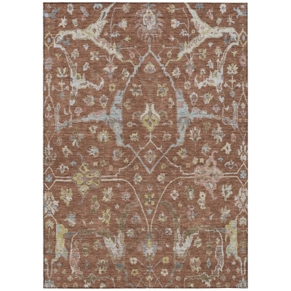 5' X 8' Rust And Ivory Floral Washable Indoor Outdoor Area Rug