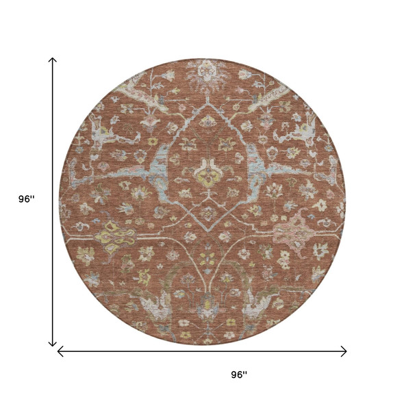 8' Rust And Ivory Round Floral Washable Indoor Outdoor Area Rug