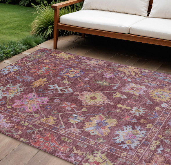 8' X 10' Burgundy Pink And Blue Floral Washable Indoor Outdoor Area Rug