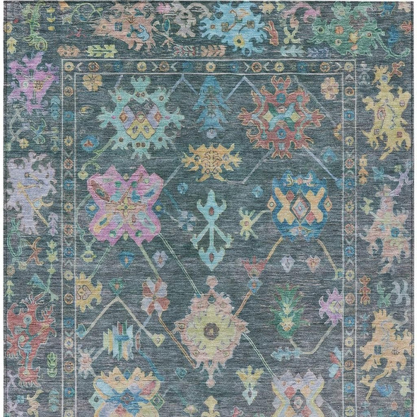 5' X 8' Teal Blue Pink And Gold Floral Washable Indoor Outdoor Area Rug