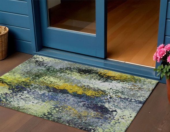 3' X 5' Green Gold And Charcoal Abstract Washable Indoor Outdoor Area Rug