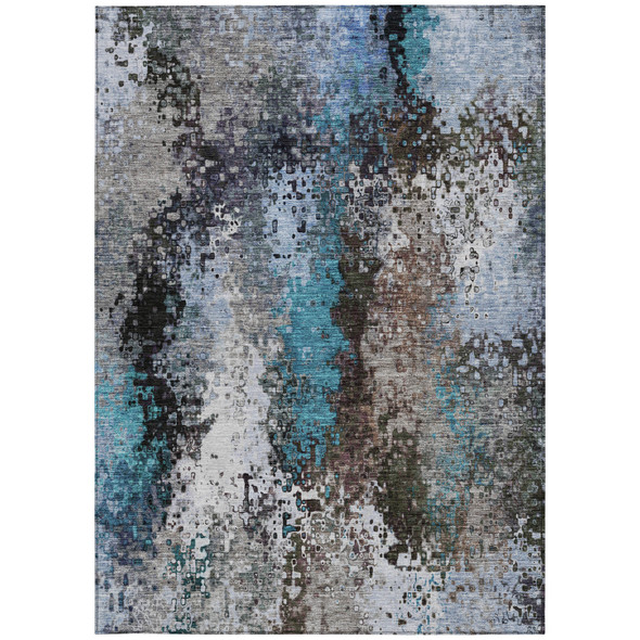 8' X 10' Khaki Ivory And Blue Abstract Washable Indoor Outdoor Area Rug