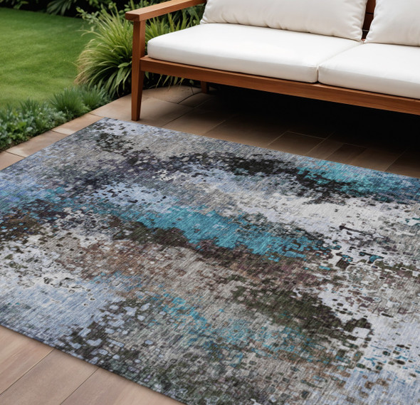 10' X 14' Khaki Ivory And Blue Abstract Washable Indoor Outdoor Area Rug