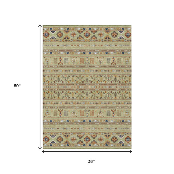3' X 5' Artichoke Green Blue And Copper Tribal Washable Indoor Outdoor Area Rug