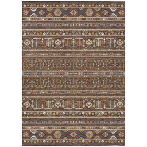 10' X 14' Chocolate Blue And Copper Tribal Washable Indoor Outdoor Area Rug
