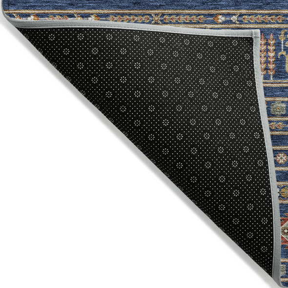 8' Navy Blue Copper And Gold Round Tribal Washable Indoor Outdoor Area Rug