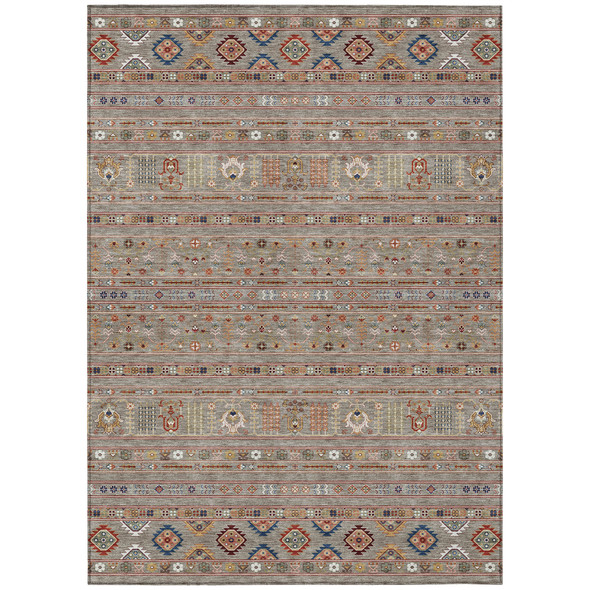 3' X 5' Taupe Blue And Copper Tribal Washable Indoor Outdoor Area Rug