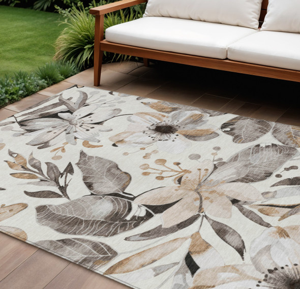 9' X 12' Ivory Charcoal And Wheat Floral Washable Indoor Outdoor Area Rug