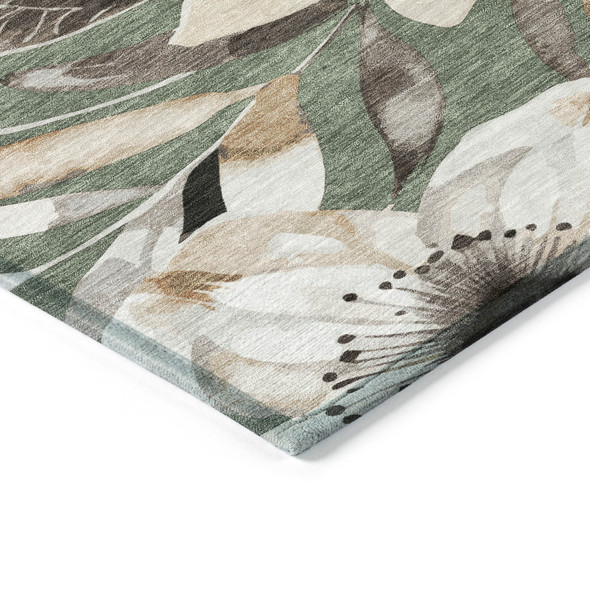5' X 8' Sage Ivory And Charcoal Floral Washable Indoor Outdoor Area Rug