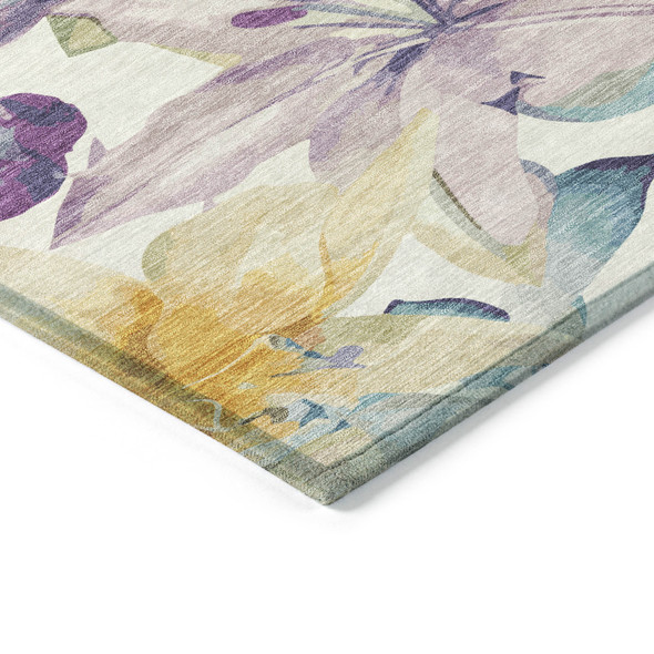 8' Ivory Gold And Lavender Round Floral Washable Indoor Outdoor Area Rug
