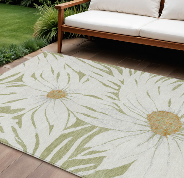 8' X 10' Artichoke Green Ivory And Gold Floral Washable Indoor Outdoor Area Rug