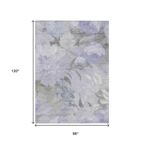 8' X 10' Lavender And Ivory Floral Washable Indoor Outdoor Area Rug