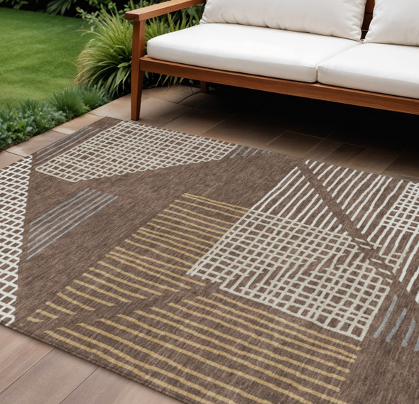 10' X 14' Brown And Ivory Striped Washable Indoor Outdoor Area Rug